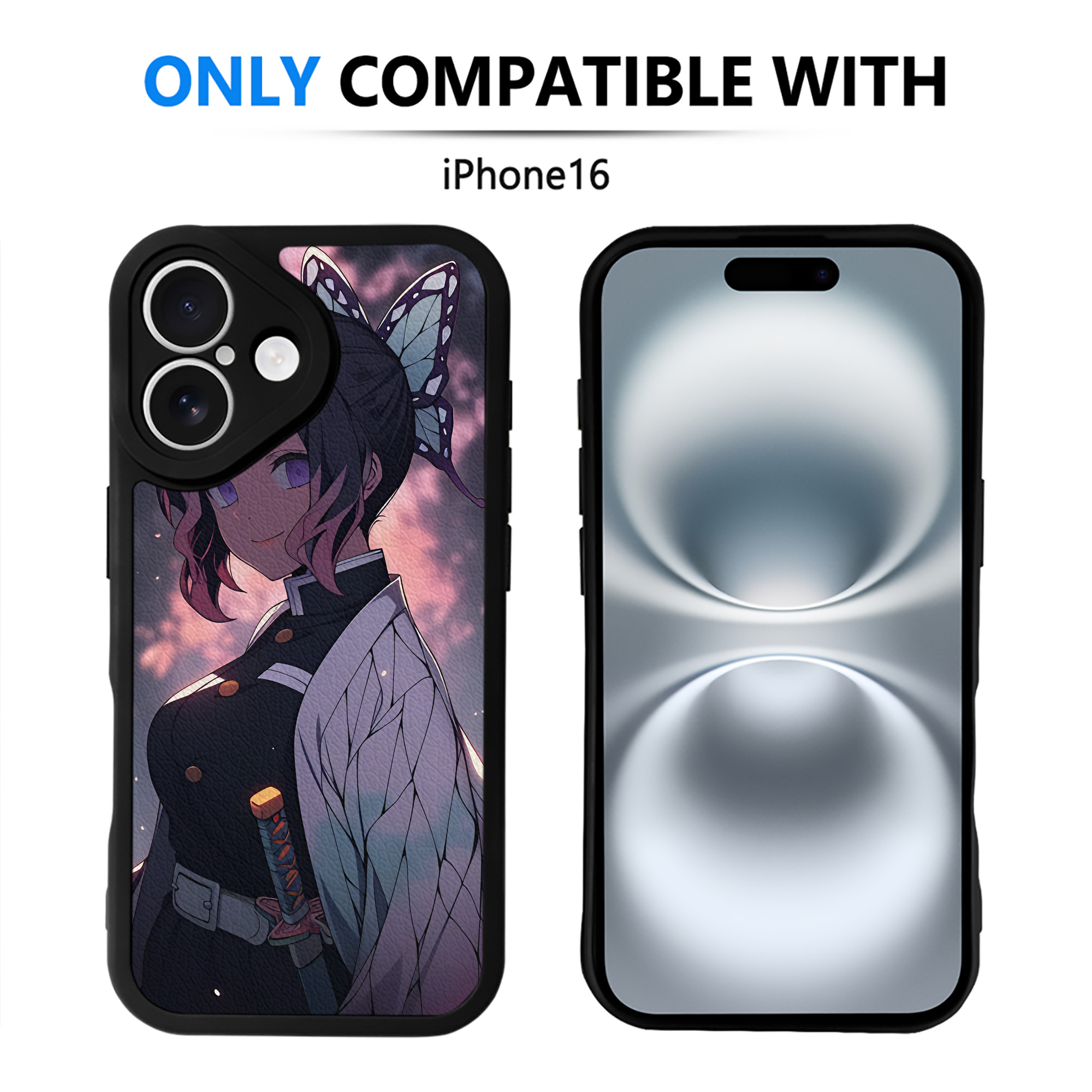（画像用） 鬼滅の刃（きめつのやいば）蟲柱-胡蝶 しのぶ／こちょう しのぶ Kochou Shinobu 【iPhone 16シリーズ対応】シリコンスマホケース（レザー調） 材質：シリコン